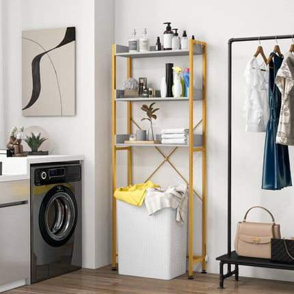 3-tier toilet shelf with 4 hooks and adjustable feet. Space-saving bathroom shelf, white