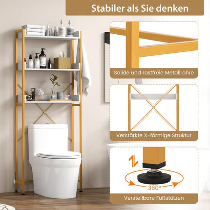 3-tier toilet shelf with 4 hooks and adjustable feet. Space-saving bathroom shelf, white