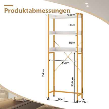 3-tier toilet shelf with 4 hooks and adjustable feet. Space-saving bathroom shelf, white