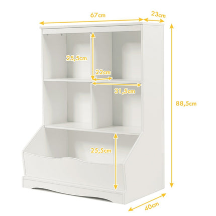 3-stöckiger Spielzeugschrank mit vier offenen Fächern und einer Box 67 x 40 x 88 cm weiß