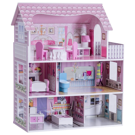 3-stöckiges Puppenhaus aus Holz Puppenstube mit Möbeln &amp; Zubehör Puppenvilla Mädchen rosa