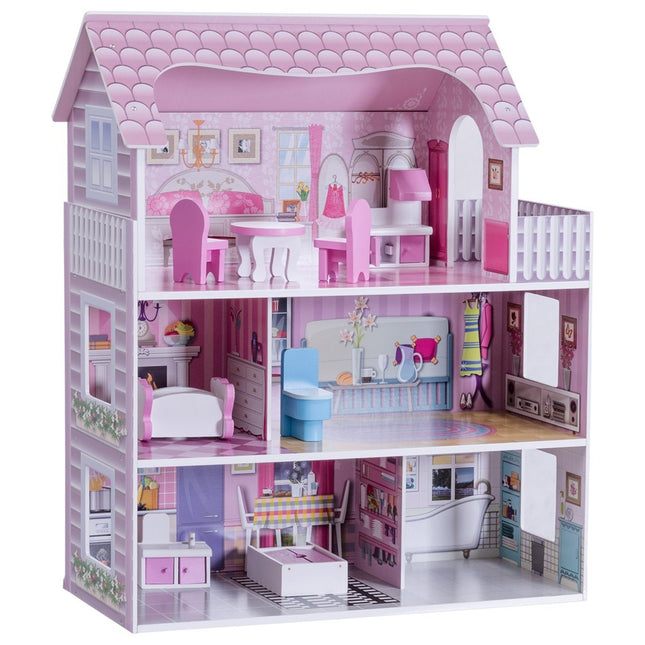 3-stöckiges Puppenhaus aus Holz Puppenstube mit Möbeln &amp; Zubehör Puppenvilla Mädchen rosa