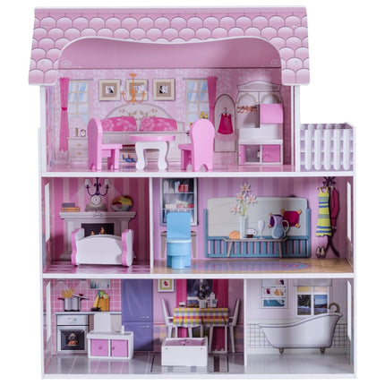 3-stöckiges Puppenhaus aus Holz Puppenstube mit Möbeln &amp; Zubehör Puppenvilla Mädchen rosa