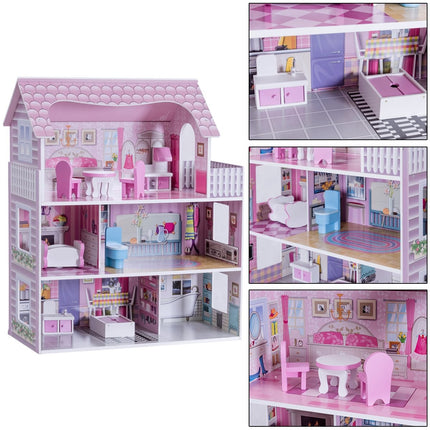 3-stöckiges Puppenhaus aus Holz Puppenstube mit Möbeln &amp; Zubehör Puppenvilla Mädchen rosa