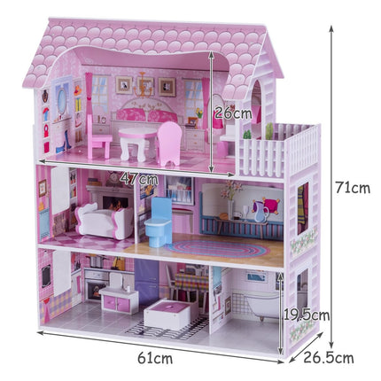 3-stöckiges Puppenhaus aus Holz Puppenstube mit Möbeln &amp; Zubehör Puppenvilla Mädchen rosa