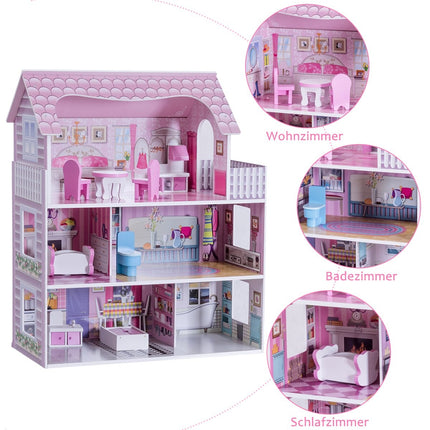 3-stöckiges Puppenhaus aus Holz Puppenstube mit Möbeln &amp; Zubehör Puppenvilla Mädchen rosa
