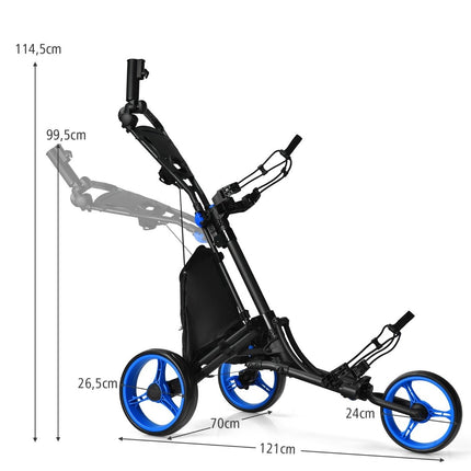 Chariot de golf pliable à 3 roues avec tableau d'affichage, parapluie et support pour pièce en T noir + bleu