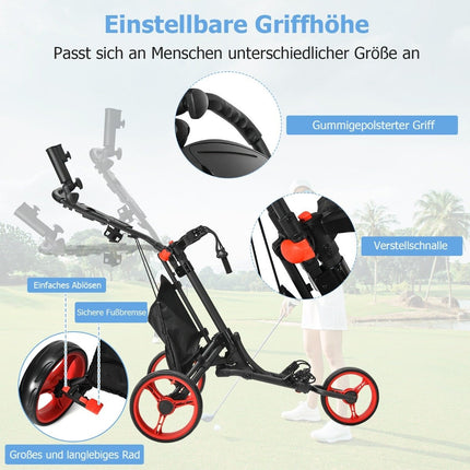 3-Rad-Golftrolley aus Aluminium mit Schirmhalter &amp; T-Stück-Halter &amp; Aufbewahrungstasche