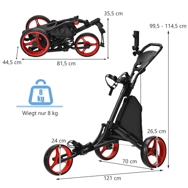 3 wheel golf trolley made of aluminum with umbrella holder & T-piece holder & storage bag