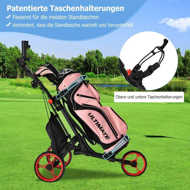 3 wheel golf trolley made of aluminum with umbrella holder & T-piece holder & storage bag