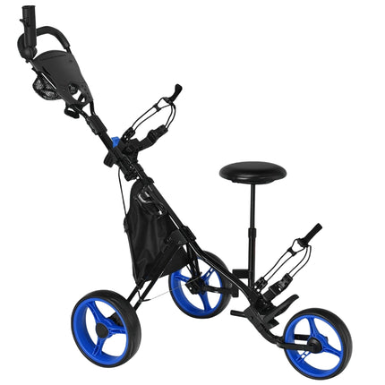 3 Rad Golftrolley aus Aluminium mit Schirmhalter &amp; Sitz klappbarer Golfwagen Golfcaddy Blau