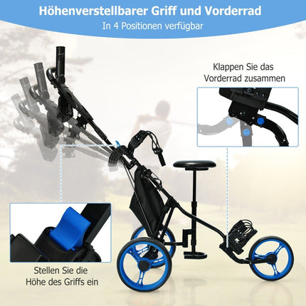3 Rad Golftrolley aus Aluminium mit Schirmhalter &amp; Sitz klappbarer Golfwagen Golfcaddy Blau