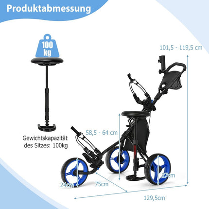 3 Rad Golftrolley aus Aluminium mit Schirmhalter &amp; Sitz klappbarer Golfwagen Golfcaddy Blau