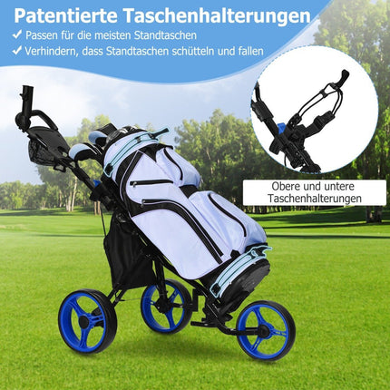 3 Rad Golftrolley aus Aluminium mit Schirmhalter &amp; Sitz klappbarer Golfwagen Golfcaddy Blau