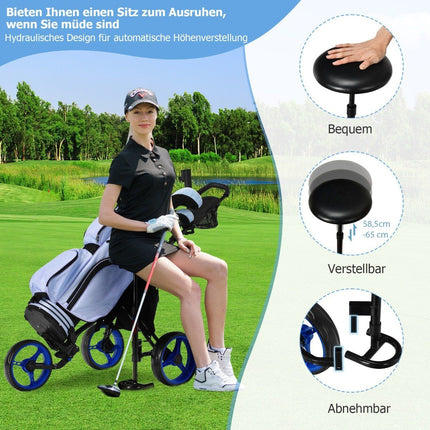 3 Rad Golftrolley aus Aluminium mit Schirmhalter &amp; Sitz klappbarer Golfwagen Golfcaddy Blau