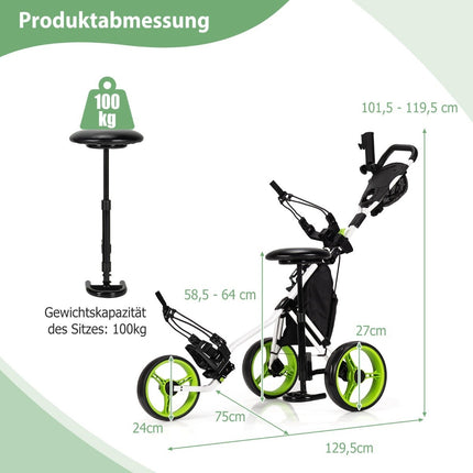 Grüner 3-Rad-Golfwagen mit Klappsitz und Schirmhalter