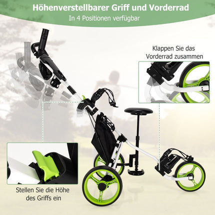 Grüner 3-Rad-Golfwagen mit Klappsitz und Schirmhalter