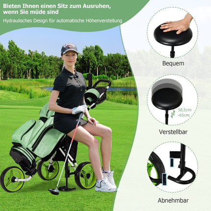 Grüner 3-Rad-Golfwagen mit Klappsitz und Schirmhalter
