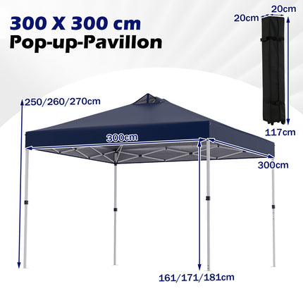 3 x 3 m blauer Pop-Up-Pavillon mit Sandsäcken und Heringen