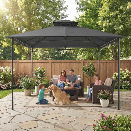 3x3m Gartenpavillon, wasserabweisend, Doppeldach, Dunkelgrau