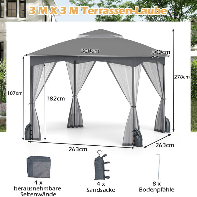 3x3 m Pavillon mit Moskitonetz, Doppeldach, Grau