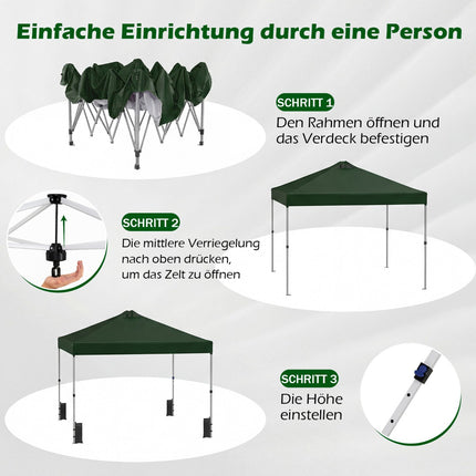3 x 3 m grüner Pop-Up Pavillon mit Sandsäcken & Heringen