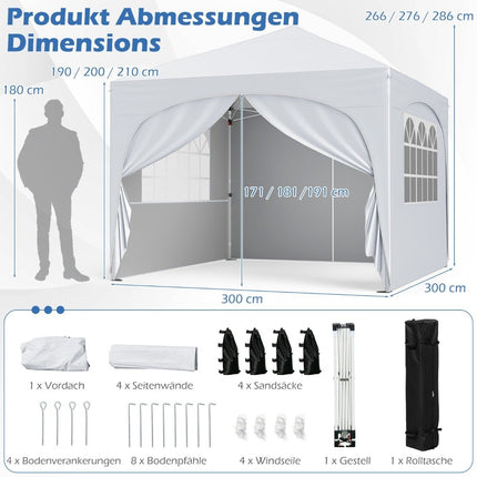 3x3 m Pop-Up Faltpavillon mit 4 abnehmbaren Seitenwänden