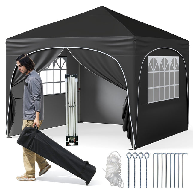 3x3 m Faltpavillon mit 4 abnehmbaren Seitenwänden, Schwarz