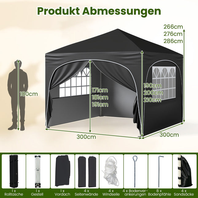 3x3 m Faltpavillon mit 4 abnehmbaren Seitenwänden, Schwarz