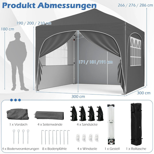 3x3 m Pop-Up Pavillon mit 4 abnehmbaren Seitenwänden, Grau
