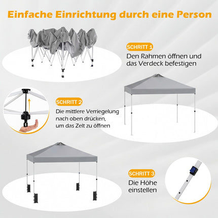 3 x 3 m Pop-Up-Pavillon mit Sandsäcken & Heringen, Grau