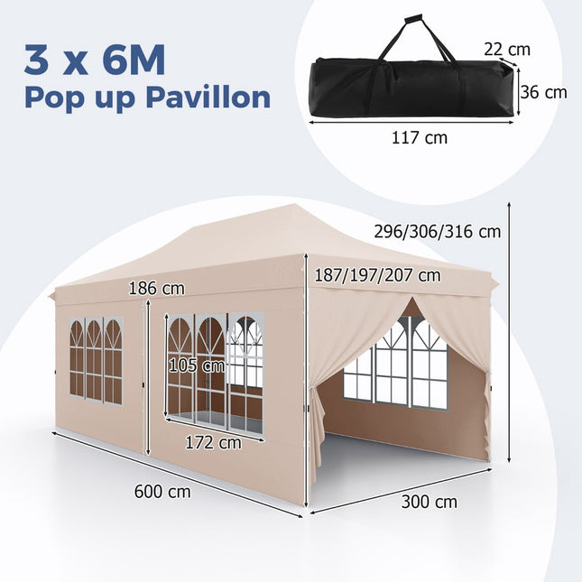 3x6m Beiger Pop-Up Pavillon mit abnehmbaren Seitenwänden