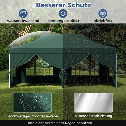 3x6m grünes Pop-Up Pavillonzelt mit 6 abnehmbaren Seitenwänden