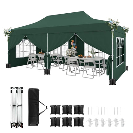 3x6m grünes Pop-Up Pavillonzelt mit 6 abnehmbaren Seitenwänden
