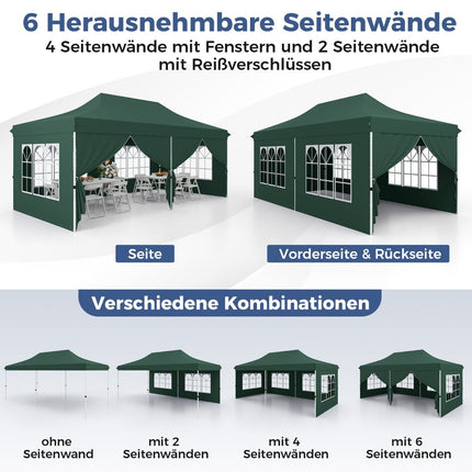 3x6m grünes Pop-Up Pavillonzelt mit 6 abnehmbaren Seitenwänden