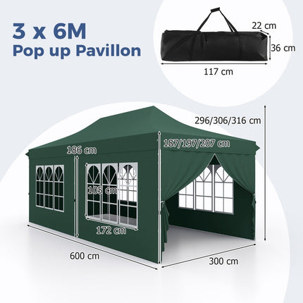 3x6m grünes Pop-Up Pavillonzelt mit 6 abnehmbaren Seitenwänden