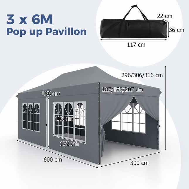 3x6m Graues Pop-Up Pavillon mit 6 abnehmbaren Seitenwänden