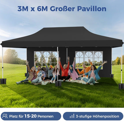 3x6 m Pop-Up Canopy Tent with Removable Walls, Black