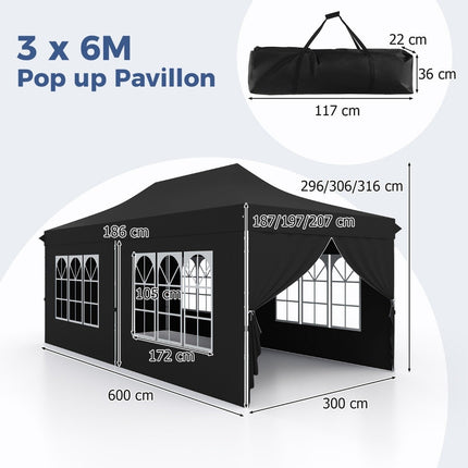 3x6 m Pop-Up Canopy Tent with Removable Walls, Black