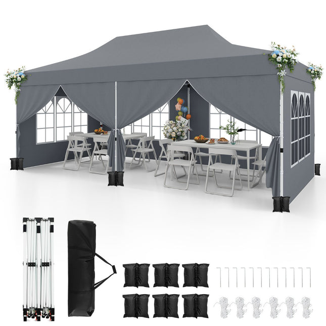 3x6m Faltpavillon, 6 Seitenwände, Reißverschlusstüren, Grau