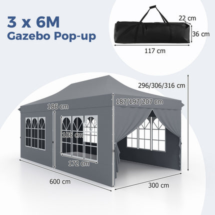 Nůžkový altán 3x6m, 6 bočnic, dveře na zip, šedá