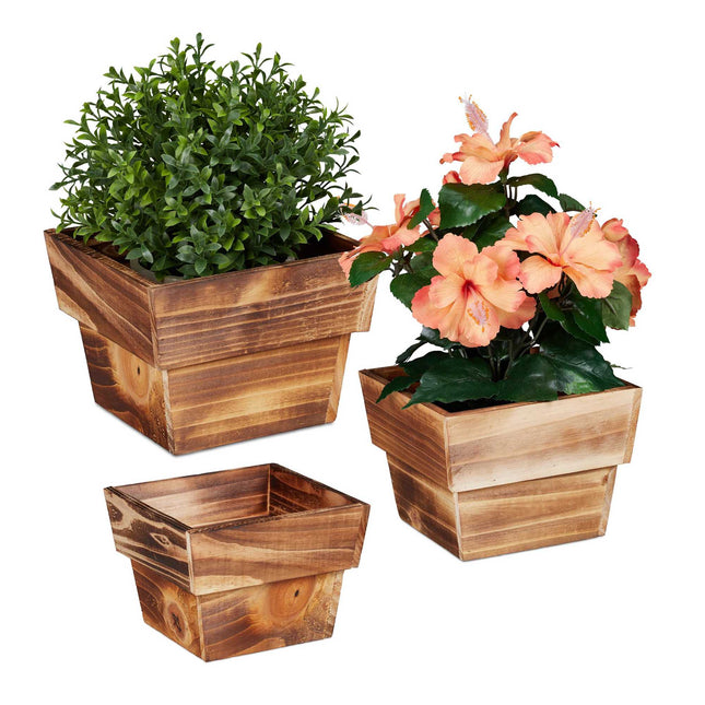 3x Pflanztöpfe aus Holz (quadratisch)