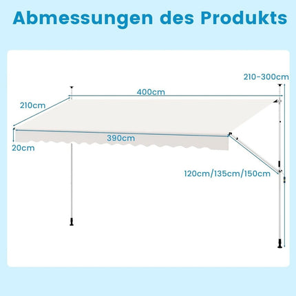 400 cm Adjustable Balcony Awning, No-Drill, White
