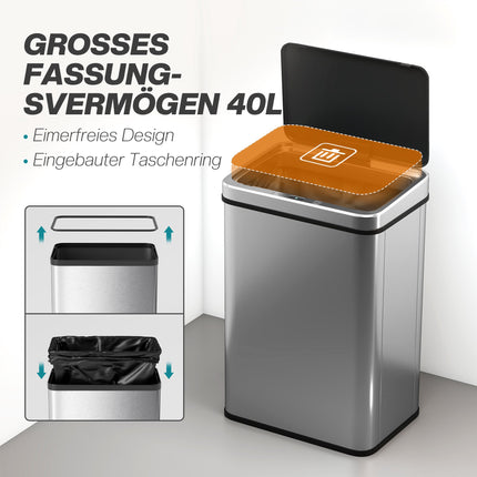 40L Touchless Sensor Trash Can, Stainless Steel