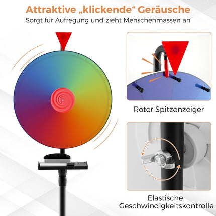 Ø 40 cm Glücksrad mit Dreibein-Bodenständer. Höhenverstellbares Glücksrad mit Ablage