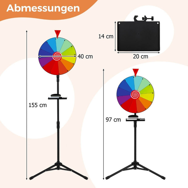 Ø 40 cm Glücksrad mit Dreibein-Bodenständer. Höhenverstellbares Glücksrad mit Ablage