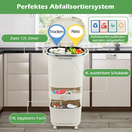 42L Küchenmülleimer mit Deckel, 3 Fächer, Rollen