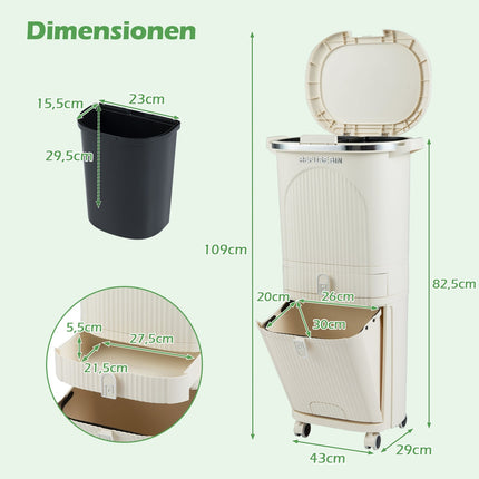 42L Küchenmülleimer mit Deckel, 3 Fächer, Rollen
