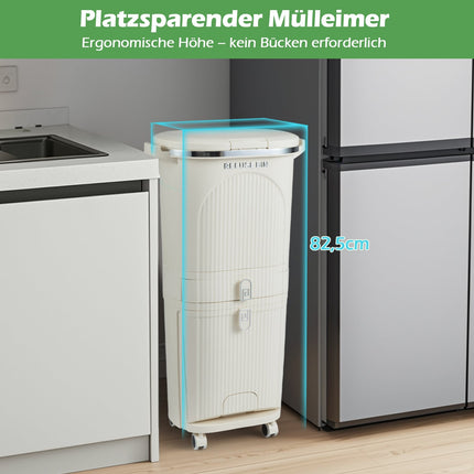 42L Küchenmülleimer mit Deckel, 3 Fächer, Rollen