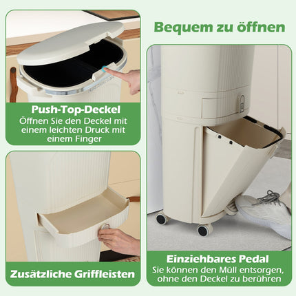 42L Küchenmülleimer mit Deckel, 3 Fächer, Rollen